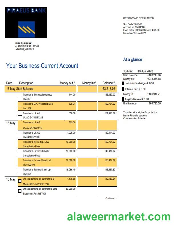 Piraeus Bank Business statement Word and PDF template